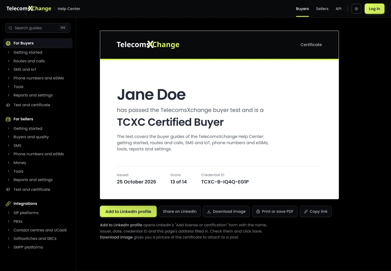 A TCXC Certified Buyer certificate with date, score and credential ID