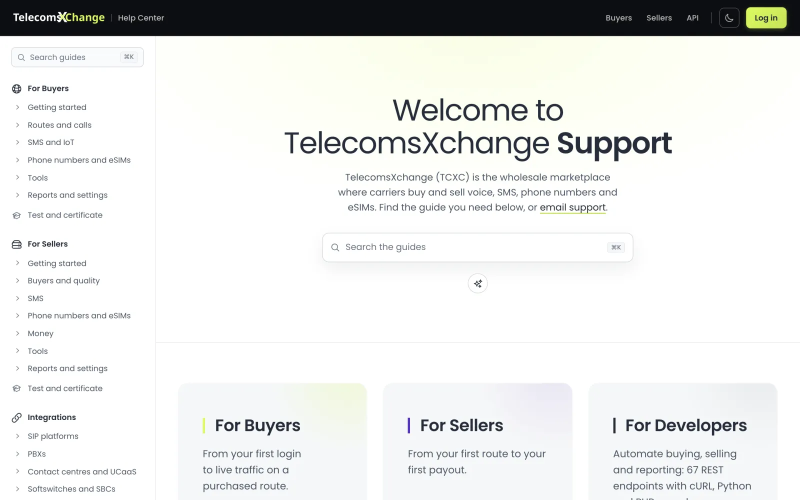 TelecomsXchange Help Center, light mode